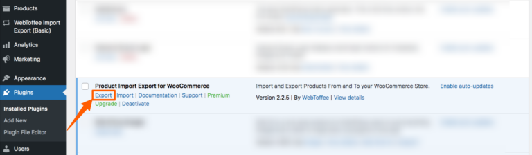 clicking export link