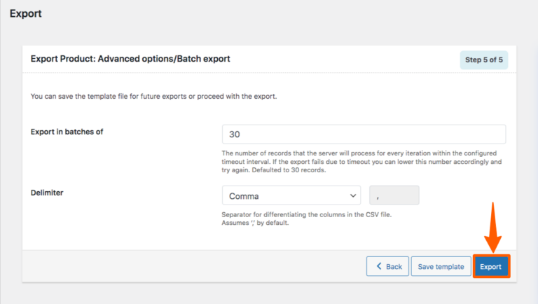 clicking export button to create a csv file
