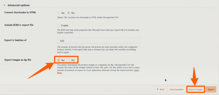 Yes and No option to export images as zip file