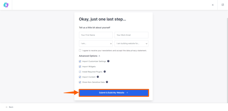 click on submit and build my website button