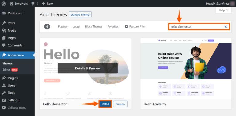 searching for hello elementor theme