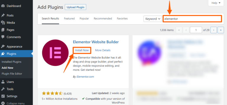 searching for the elementor plugin