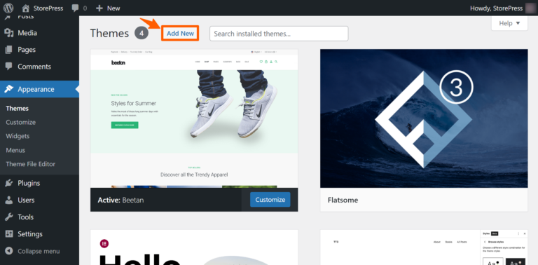 indicating add new theme
