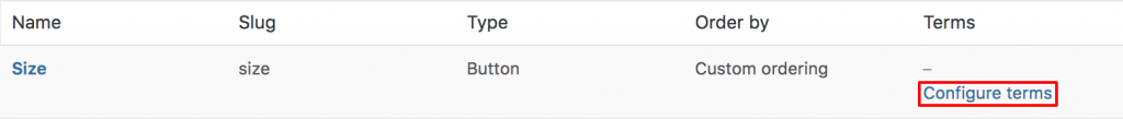 configure terms for size attribute