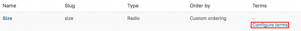 radio type size attribute configure terms