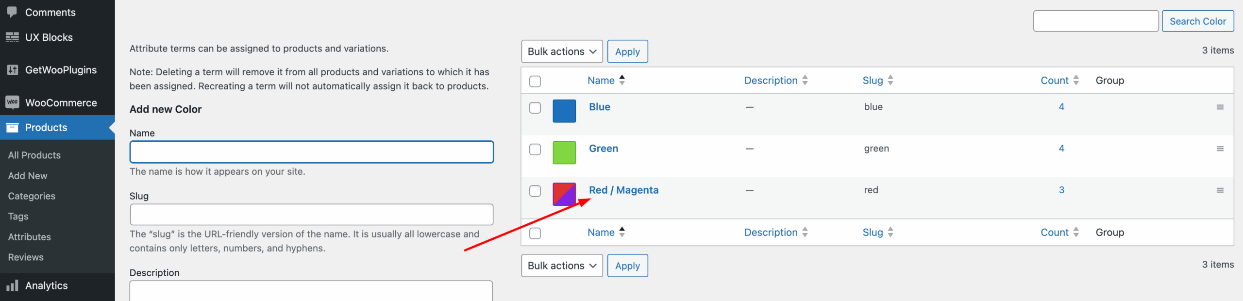 select desired variation