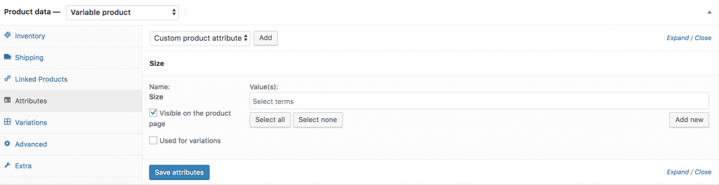 size attribute selected