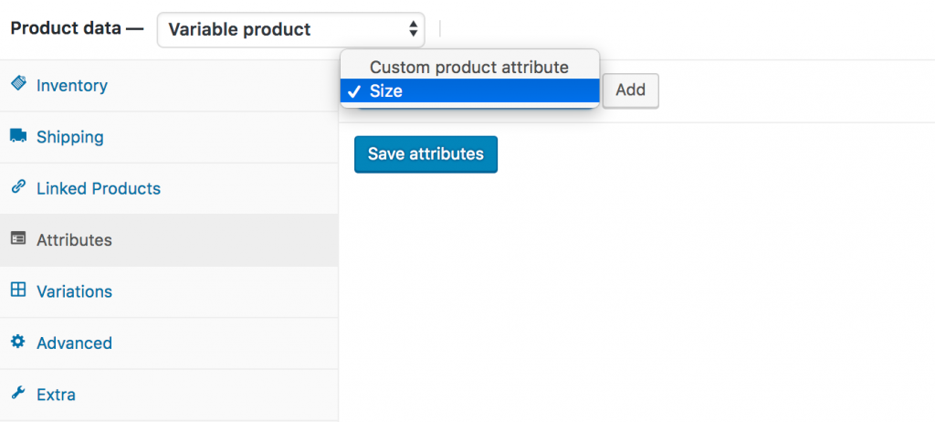 size attribute selected
