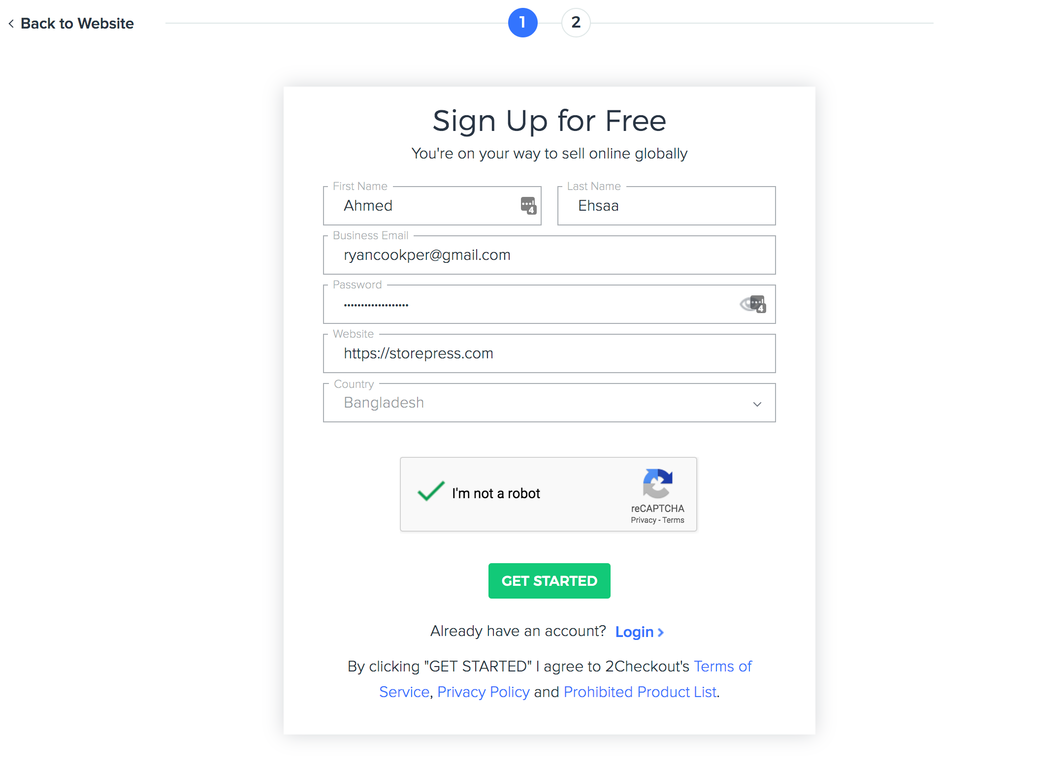 2Checkout account creation